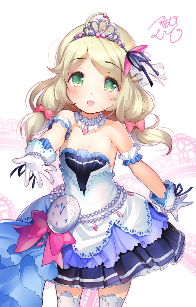 1girl ahoge bare_shoulders blonde_hair blush choker dress gloves green_eyes hair_ribbon idolmaster idolmaster_cinderella_girls idolmaster_cinderella_girls_starlight_stage jewelry long_hair looking_at_viewer low_twintails necklace open_mouth pocket_watch ribbon signature smile solo sorimura_youji starry_sky_bright thigh-highs tiara twintails watch white_dress white_gloves white_legwear yusa_kozue