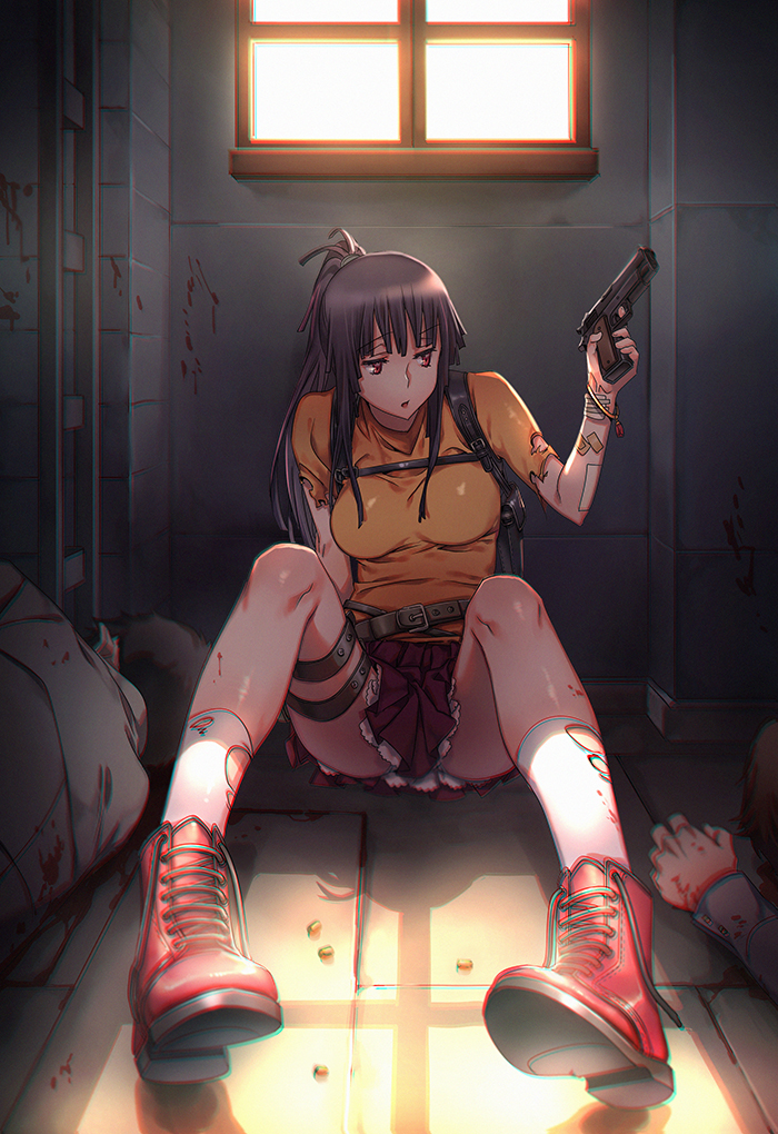 1girl aneunyeoja bandaid bandaid_on_arm bangs black_hair blood blunt_bangs breasts chromatic_aberration corpse death finger_on_trigger gun hair_ornament hair_tie hand_up handgun harness high_ponytail holding holding_gun holding_weapon indoors ladder legs long_hair looking_to_the_side medium_breasts multicolored_hair open_mouth original pigeon-toed pink_hair pistol plaid plaid_skirt ponytail purple_hair red_eyes sitting skirt solo solo_focus strap streaked_hair thigh_strap thighs torn_clothes torn_socks two-tone_hair weapon window