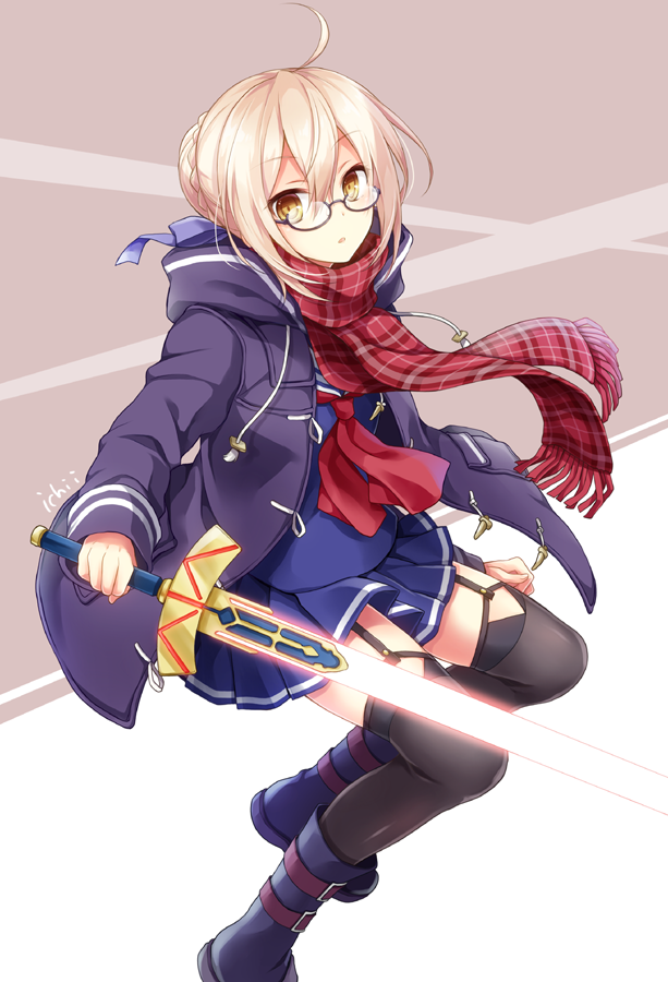 1girl ahoge artist_name black-framed_eyewear black_legwear blonde_hair braid dark_persona fate/grand_order fate_(series) french_braid garter_straps glasses glowing glowing_sword glowing_weapon heroine_x heroine_x_(alter) holding holding_sword holding_weapon jacket kubyou_azami looking_at_viewer plaid plaid_scarf red_scarf saber scarf school_uniform semi-rimless_glasses solo sword thigh-highs under-rim_glasses weapon yellow_eyes zettai_ryouiki