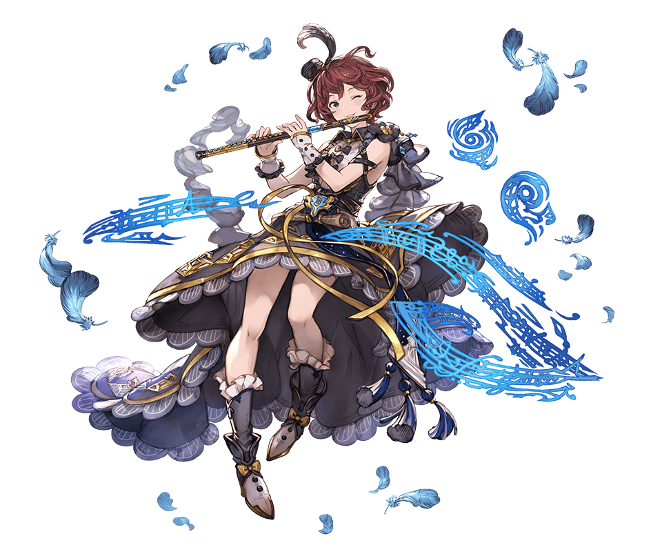 1girl blue_eyes boots bow dress feathers flute frills granblue_fantasy hair_ornament instrument knee_boots looking_away minaba_hideo musical_note official_art one_eye_closed pamela_(granblue_fantasy) redhead ribbon short_hair sleeveless smile solo transparent_background wrist_cuffs
