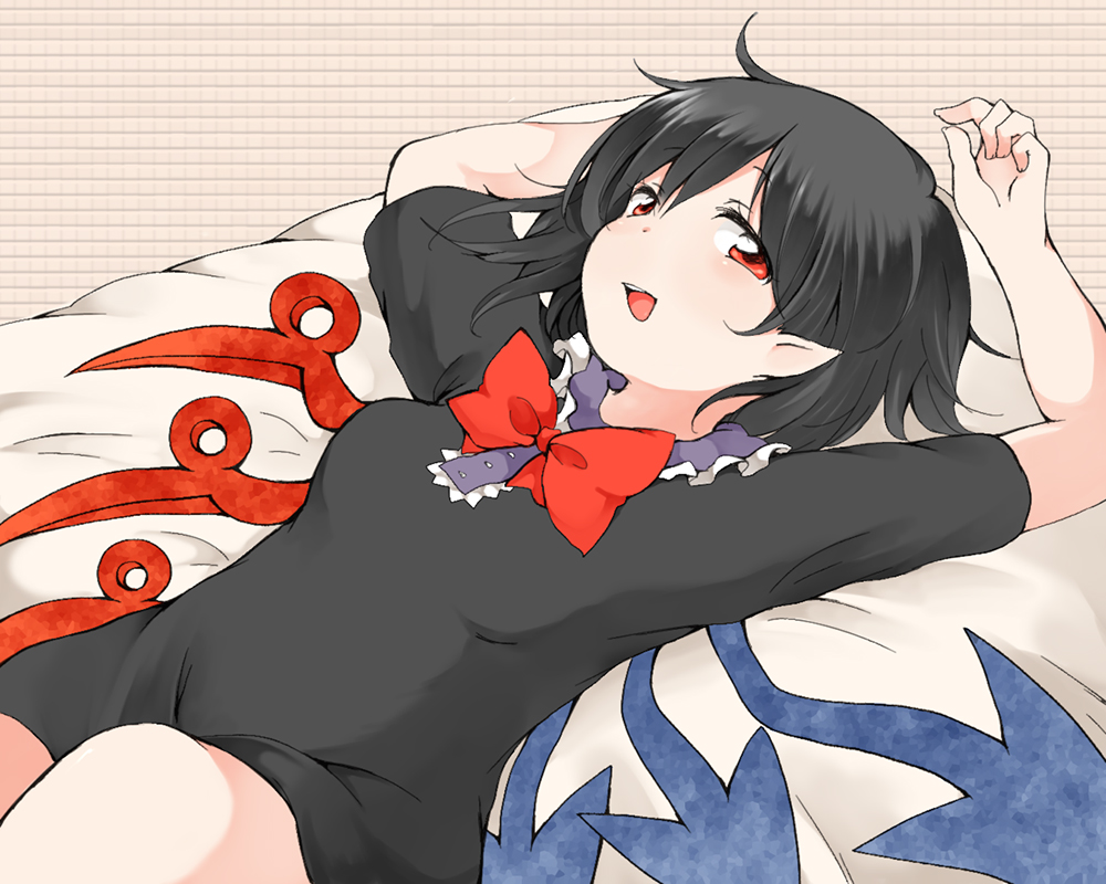 1girl asymmetrical_wings black_dress black_hair bow bowtie breasts dress houjuu_nue lying nanana_(chicken_union) on_back on_bed pointy_ears red_eyes short_dress short_hair short_sleeves small_breasts touhou wings