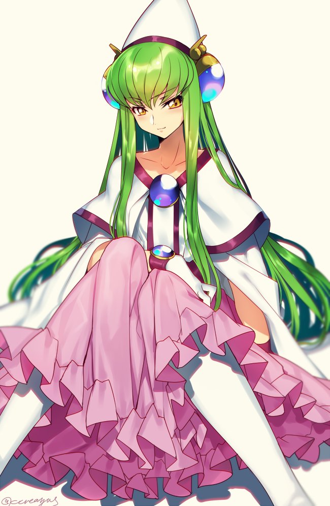 1girl artist_name blush brooch c.c. capelet closed_mouth code_geass collarbone cosplay cosplay_request creayus eyebrows_visible_through_hair filia_ul_copt frilled_skirt frills gem green_hair hat jewelry knees_together_feet_apart knees_up long_hair long_skirt long_sleeves panties pink_skirt sapphire_(stone) sidelocks simple_background skirt slayers slayers_try solo twitter_username underwear very_long_hair white_hat white_legwear white_panties wide_sleeves yellow_background yellow_eyes