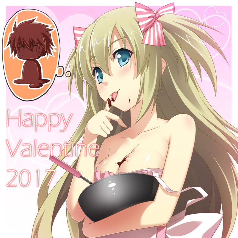 1girl 2017 :p apron artist_request bare_shoulders blonde_hair blue_eyes bow breasts chocolate chocolate_making chocolate_on_breasts cleavage eyebrows_visible_through_hair hair_bow hair_ribbon happy_valentine heart liz_hohenstein long_hair looking_at_viewer medium_breasts mixing_bowl muvluv naked_apron official_art ribbon schwarzesmarken shiny shiny_hair shiny_skin smile solo spatula strap_slip theodor_edelbach thought_bubble tongue tongue_out two_side_up upper_body valentine