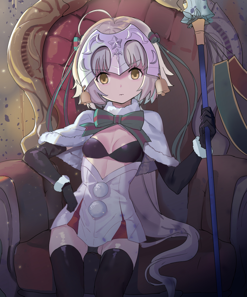 &gt;:| 1girl ahoge bangs bell black_bra black_gloves black_legwear blonde_hair bra breasts capelet chair closed_mouth dress elbow_gloves empty_eyes eyebrows_visible_through_hair fate/grand_order fate_(series) fur_trim gloves headpiece holding holding_weapon jeanne_alter jeanne_alter_(santa_lily)_(fate) long_hair looking_at_viewer polearm ruler_(fate/apocrypha) short_dress shovelwall sitting small_breasts solo thigh-highs throne underwear weapon white_dress yellow_eyes