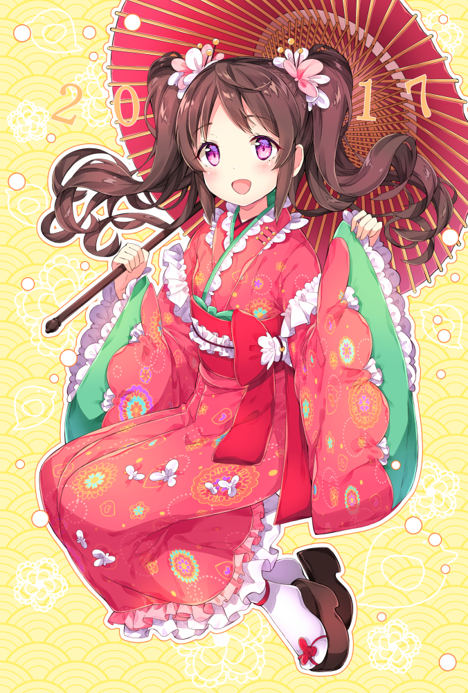 1girl 2017 :d bangs blush bow brown_hair chitetan clog_sandals eyebrows_visible_through_hair floating_hair flower frilled_kimono frills full_body hair_flower hair_ornament holding holding_umbrella japanese_clothes kimono legs_together long_hair looking_at_viewer nengajou new_year obi open_mouth oriental_umbrella original pink_flower pink_kimono red_bow sash smile socks solo twintails umbrella violet_eyes white_flower white_legwear wide_sleeves year_of_the_rooster yellow_background