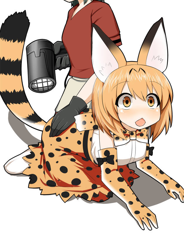 2girls all_fours animal_ears animal_print bare_shoulders black_gloves black_hair blonde_hair blush boots bow bowtie chestnut_mouth elbow_gloves gloves hair_dryer hand_on_another's_ass head_out_of_frame kaban kemono_friends looking_away multiple_girls open_mouth parody red_shirt serval_(kemono_friends) serval_ears serval_tail shirt short_hair simple_background skirt sleeveless solo sudo_shinren t-shirt tail white_background white_shirt yellow_eyes