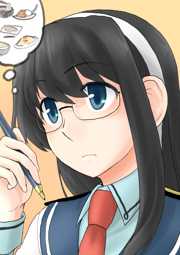 1girl black_hair blue_eyes close-up food glasses hairband kantai_collection katakata_unko long_hair looking_up necktie ooyodo_(kantai_collection) pen red_necktie school_uniform semi-rimless_glasses serafuku solo thinking under-rim_glasses upper_body