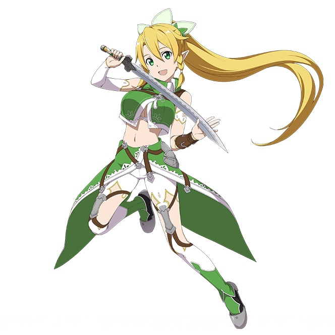 1girl avel blonde_hair braid breasts cleavage crop_top detached_sleeves green_eyes hair_between_eyes hair_ornament holding holding_sword holding_weapon large_breasts leafa long_hair midriff one_leg_raised open_mouth ponytail shorts simple_background solo sword sword_art_online very_long_hair weapon white_background white_shorts