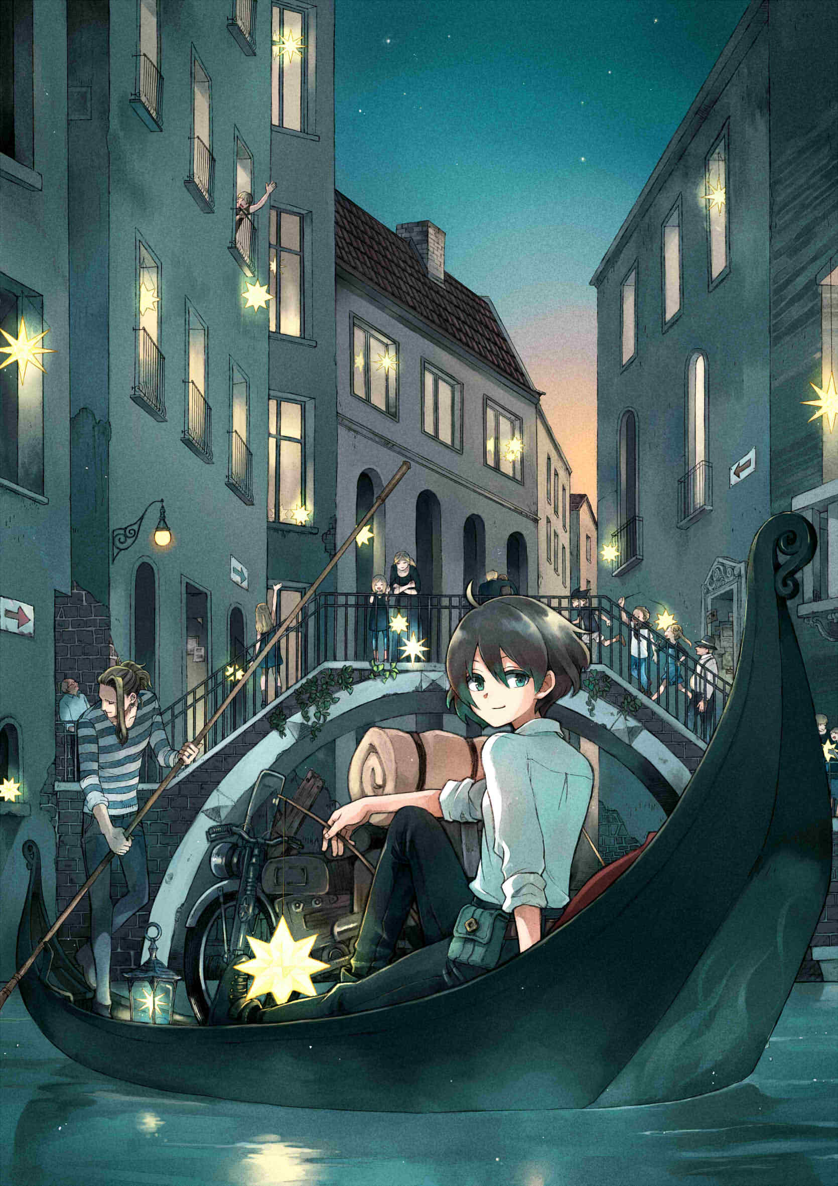 6+boys 6+girls arm_support black_hair blonde_hair blurry boat bridge brown_hair child city closed_eyes crossed_arms dusk gondola green_eyes ground_vehicle hat hermes highres kino kino_no_tabi lantern long_hair looking_back mare_(pixiv) mother_and_daughter motor_vehicle motorcycle multiple_boys multiple_girls old_man plant pouch railing river running scenery sign sitting smile star star_(sky) suspenders vines water watercraft waving window