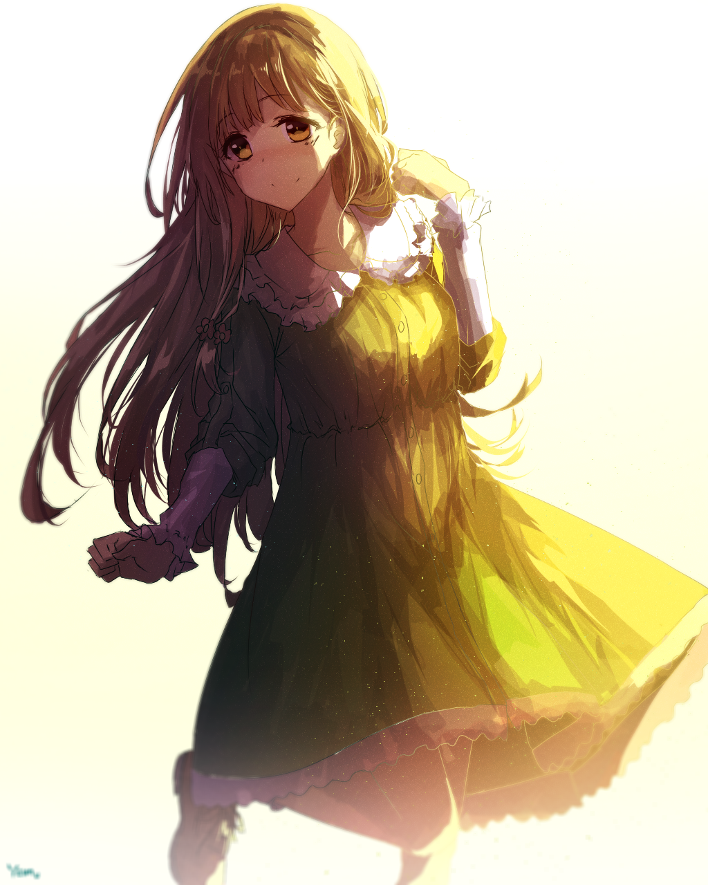 1girl blush breasts brown_eyes brown_hair closed_mouth commentary_request dress eyebrows_visible_through_hair fujinomiya_neko green_dress highres isumi_(yangyan) long_hair long_sleeves looking_at_viewer masamune-kun_no_revenge one_leg_raised outdoors shoes simple_background smile solo standing white_background