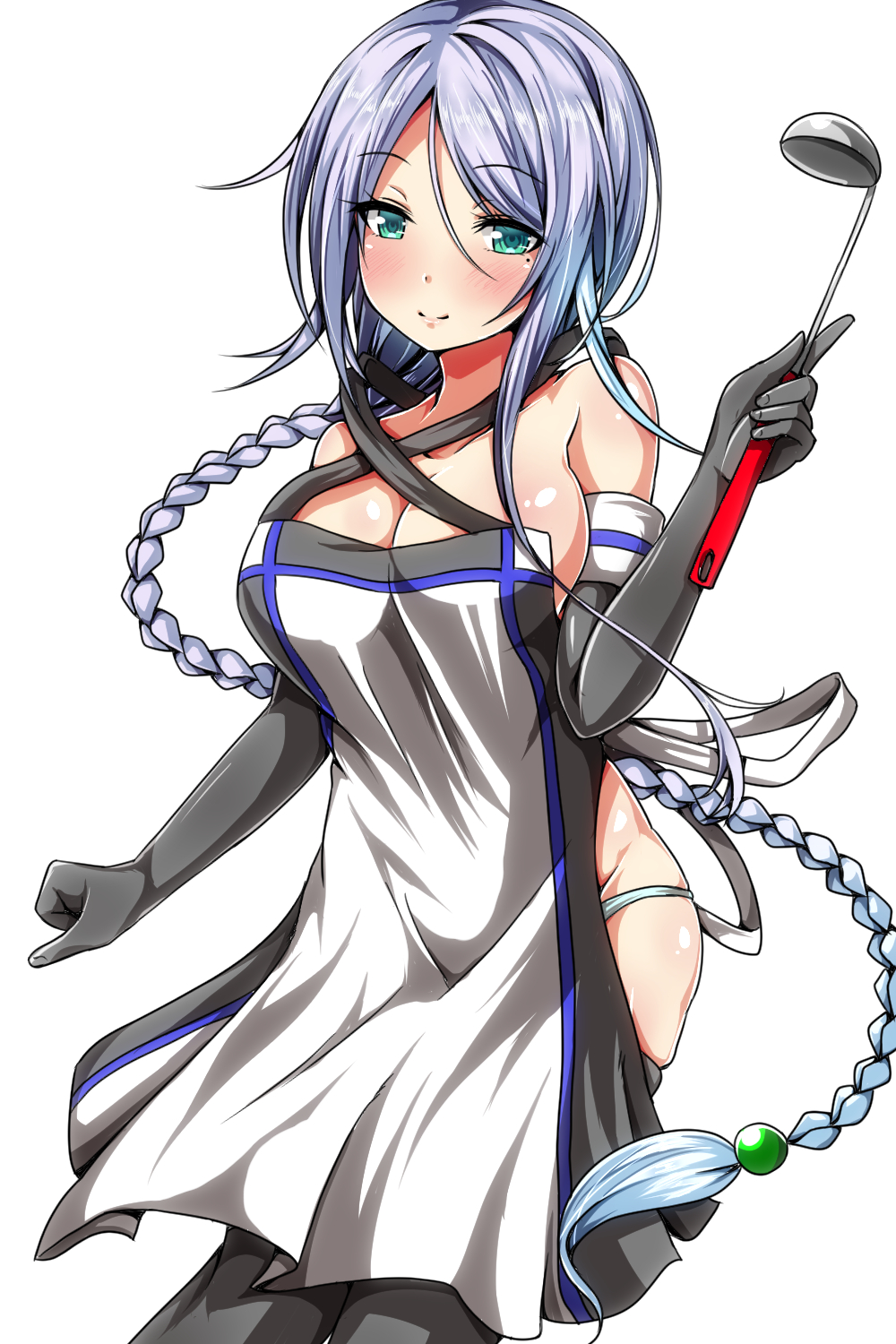 1girl alternate_costume apron ar_(lover_boy) black_gloves blue_eyes blush braid breasts cleavage clenched_hand commentary_request elbow_gloves eyebrows_visible_through_hair gloves highres kantai_collection ladle large_breasts long_hair looking_at_viewer naked_apron no_bra no_panties sideboob silver_hair single_braid smile solo umikaze_(kantai_collection) very_long_hair