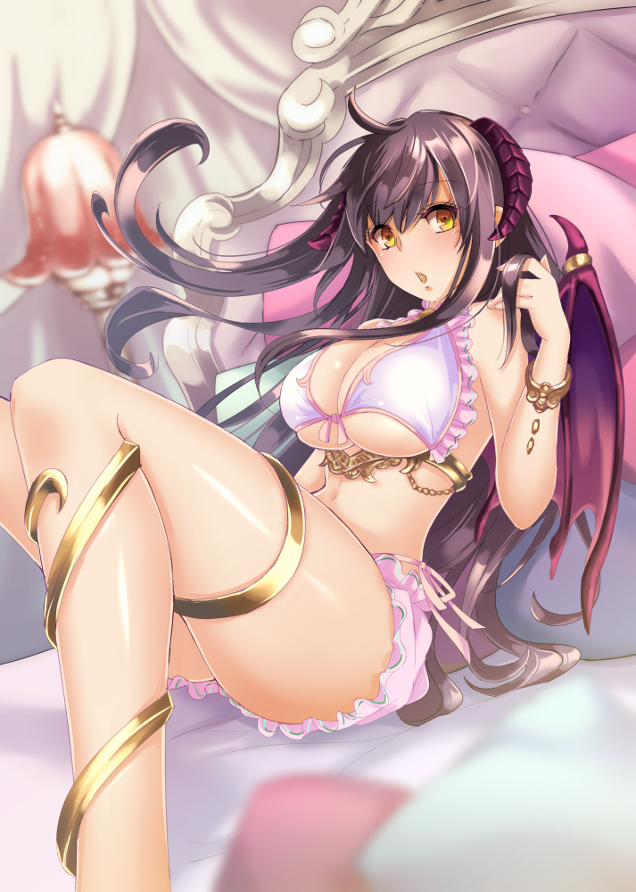 1girl bad_id bangle black_hair bloomers blurry bra bracelet breasts cleavage demon_girl demon_horns demon_wings depth_of_field horns jewelry large_breasts legs lirshana long_hair long_legs maou_no_hajimekata official_art shintou solo succubus thighs underwear underwear_only wings