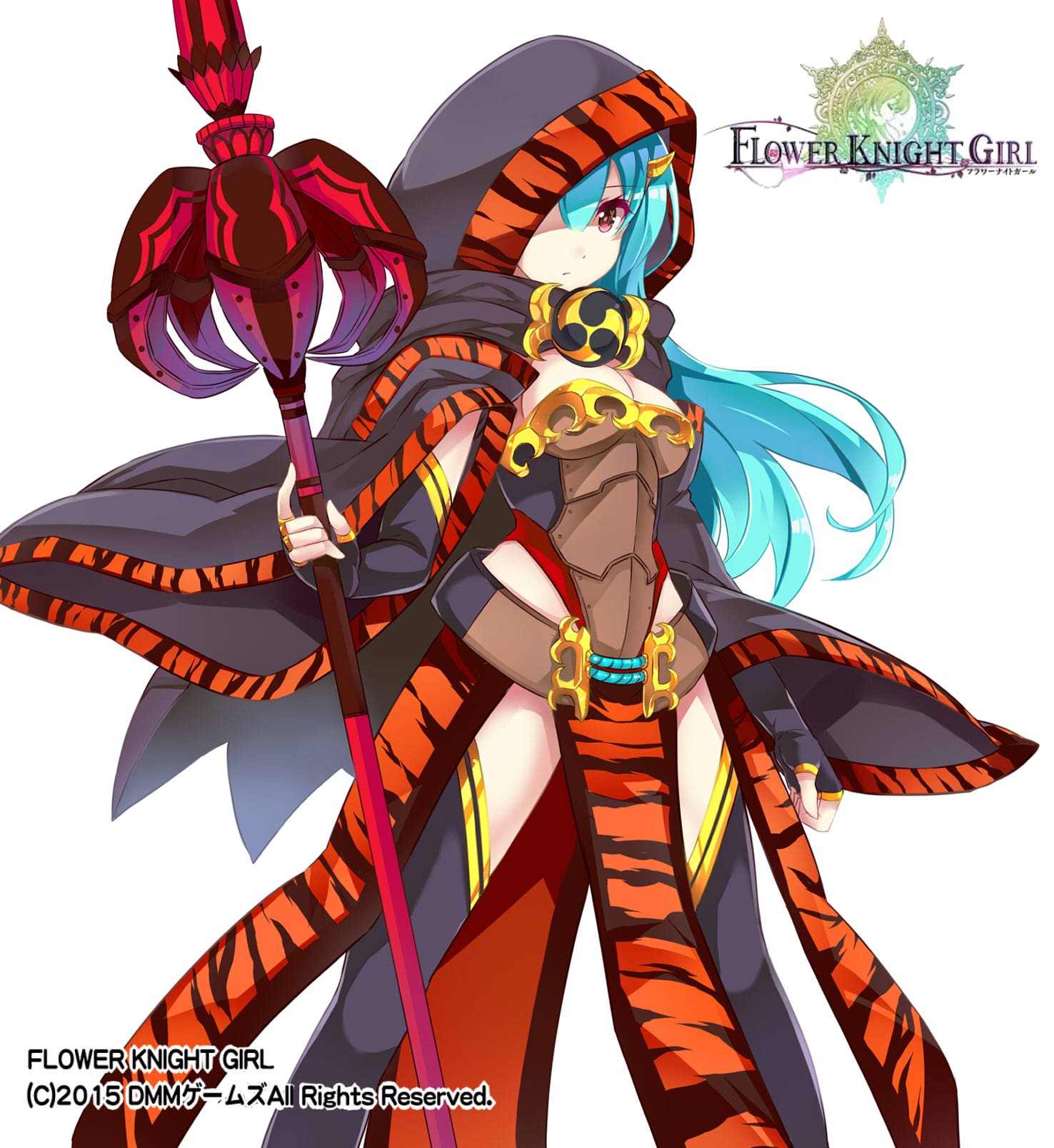 1girl animal_print belt black_gloves black_legwear blue_hair breasts cape cleavage copyright_name cropped_legs expressionless fingerless_gloves flower_knight_girl gloves highres hood horns kurokawa_izumi long_hair looking_at_viewer official_art oniyuri_(flower_knight_girl) pelvic_curtain red_eyes solo staff standing thigh-highs tiger_print