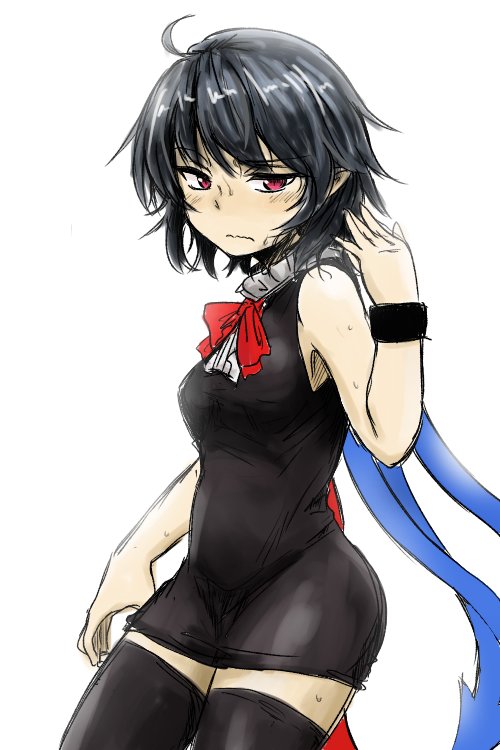 1girl ahoge armband bangs black_dress black_hair black_legwear blush bow bowtie breasts closed_mouth commentary_request cowboy_shot dress efukei eyebrows_visible_through_hair hand_up hot houjuu_nue looking_at_viewer red_bow red_bowtie red_eyes short_hair simple_background sleeveless sleeveless_dress small_breasts solo sweat thigh-highs touhou wavy_mouth white_background zettai_ryouiki