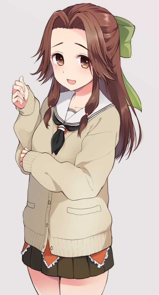1girl black_skirt bow brown_eyes brown_hair cardigan commentary_request cowboy_shot green_bow grey_background hair_bow hair_intakes half_updo jintsuu_(kantai_collection) kantai_collection long_hair looking_at_viewer low_twintails open_mouth pleated_skirt plum_(arch) pocket school_uniform serafuku skirt sleeves_past_wrists smile solo twintails