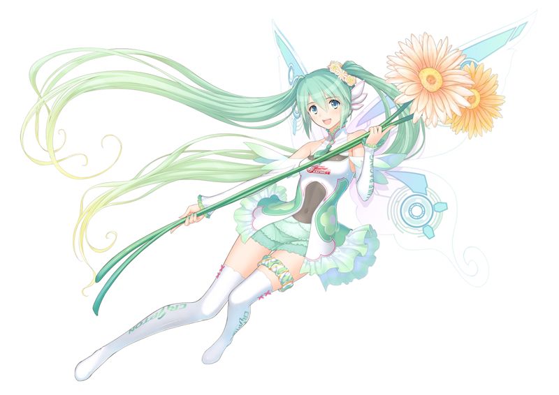 1girl :d boots dress fairy fairy_wings flower frilled_dress frilled_skirt frilled_sleeves frills full_body goodsmile_racing green_eyes green_hair green_skirt hair_flower hair_ornament hatsune_miku long_hair looking_at_viewer necktie open_mouth simple_background skirt smile solo tanaka_takayuki thigh-highs thigh_boots thigh_strap translucent_dress twintails very_long_hair vocaloid wings