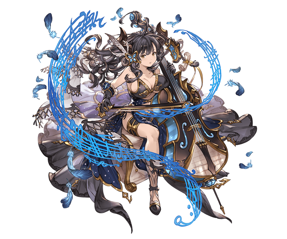 1girl augusta_(granblue_fantasy) bare_shoulders black_gloves black_hair breasts butterfly_hair_ornament chair cleavage doraf dress feathers gloves granblue_fantasy hair_ornament horns instrument large_breasts long_hair looking_at_viewer minaba_hideo musical_note official_art pointy_ears sitting sleeveless solo transparent_background yellow_eyes