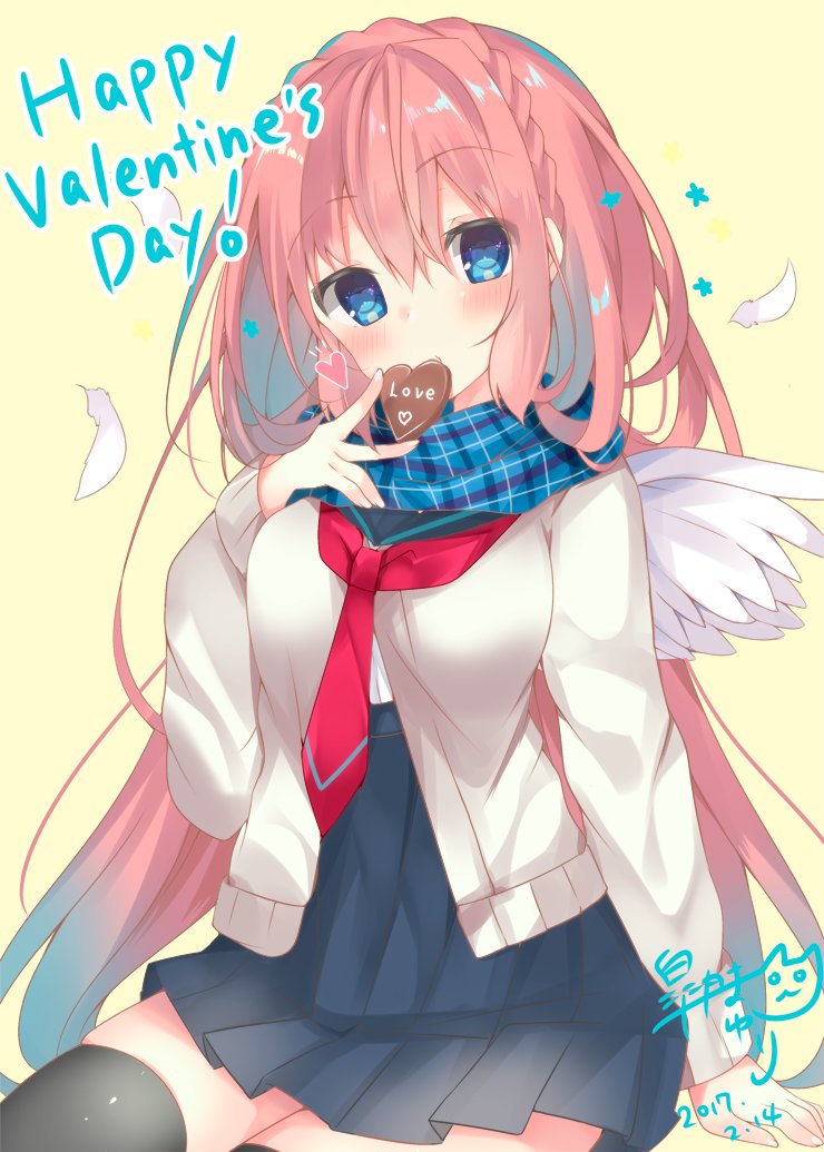1girl artist_name bangs between_fingers black_legwear blue_eyes blue_scarf blue_skirt blush braid breasts cardigan cat chocolate chocolate_heart commentary_request covered_mouth crown_braid dated eyebrows_visible_through_hair feathered_wings feathers food hair_between_eyes happy_valentine heart heart-shaped_pupils high-waist_skirt holding holding_food long_hair looking_at_viewer medium_breasts neckerchief open_cardigan open_clothes original pink_hair plaid plaid_scarf pleated_skirt satsuki_mayuri scarf signature simple_background sitting skirt solo symbol-shaped_pupils thigh-highs v very_long_hair wings yellow_background