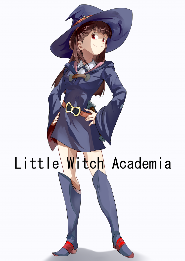 1girl akko_kagari bangs blunt_bangs boots brown_hair contrapposto copyright_name hands_on_hips hat knee_boots little_witch_academia looking_at_viewer red_eyes shirowa smile solo thighs white_background wide_sleeves witch witch_hat