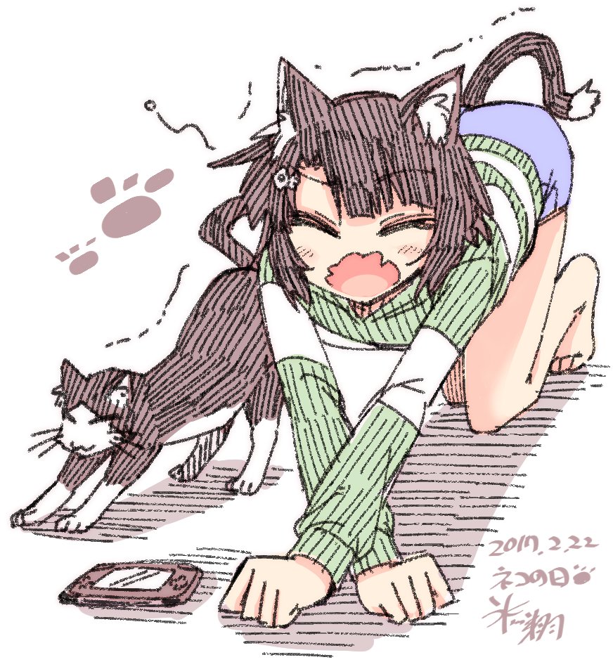 1girl all_fours animal_ears black_hair blue_shorts blush cat cat_day cat_ears cat_tail closed_eyes dated fang fish_hair_ornament green_sweater hair_ornament hairclip handheld_game_console hikawa_shou hood hooded_sweater long_sleeves mii-chan official_art open_mouth paw_print shinozaki-san_ki_wo_otashikani short_hair short_shorts shorts signature simple_background solo stretch sweater tail whiskers white_background yawning
