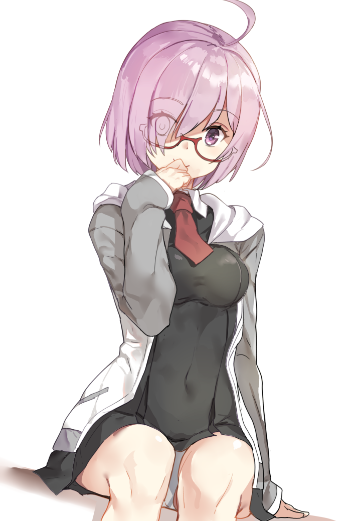 1girl ahoge arms_at_sides bangs black_dress breasts closed_mouth covered_navel covering_mouth dress dutch_angle eyebrows_visible_through_hair eyes_visible_through_hair fate/grand_order fate_(series) glasses hair_over_one_eye hood hoodie lavender_hair looking_at_viewer medium_breasts necktie no_legwear odie open_clothes open_hodie open_hoodie panties purple_hair red-framed_eyewear red_necktie semi-rimless_glasses shielder_(fate/grand_order) short_dress short_hair shovelwall simple_background sitting smile solo under-rim_glasses underwear violet_eyes white_background wing_collar