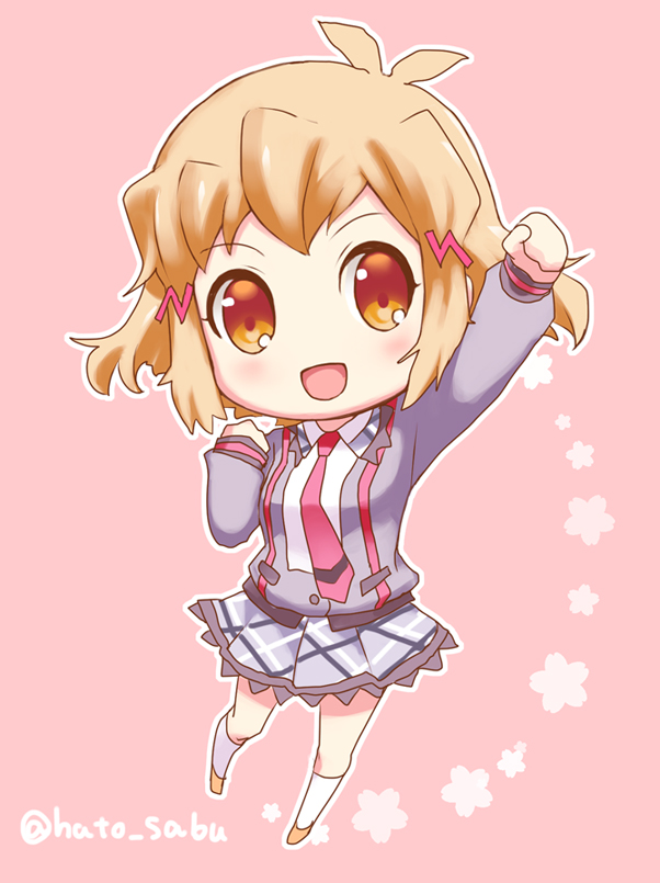 1girl :d chibi necktie no_nose open_mouth orange_eyes pink_background sabu school_uniform senki_zesshou_symphogear skirt smile socks solo tachibana_hibiki_(symphogear) twitter_username white_legwear