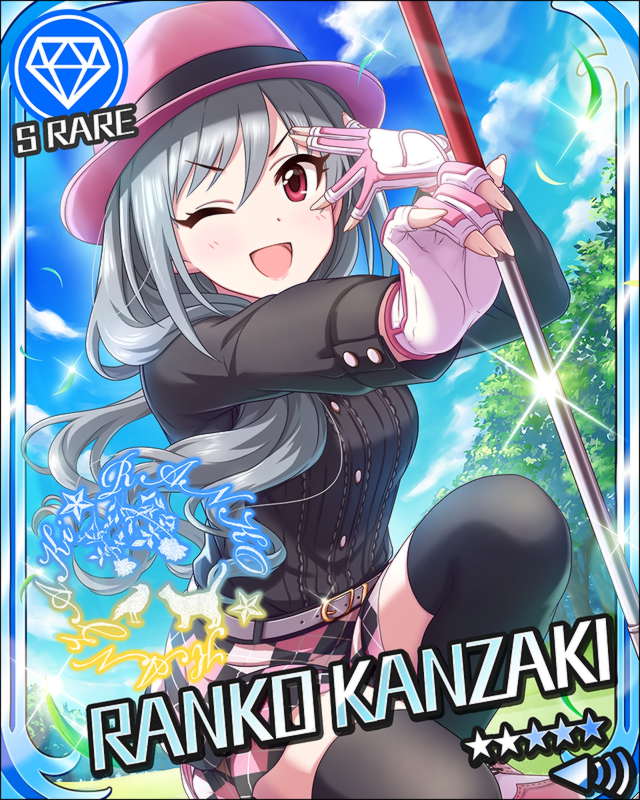 blush character_name grey_hair helmet idolmaster idolmaster_cinderella_girls jacket kanzaki_ranko long_hair red_eyes stars wink