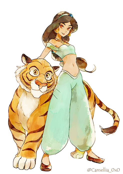 1girl aladdin_(disney) arabian_clothes black_hair brown_eyes dark_skin disney earrings harem_pants jasmine_(disney) jewelry long_hair low-tied_long_hair midriff navel pants rajah_(disney) smile tiger tsubaki_(teatime0)