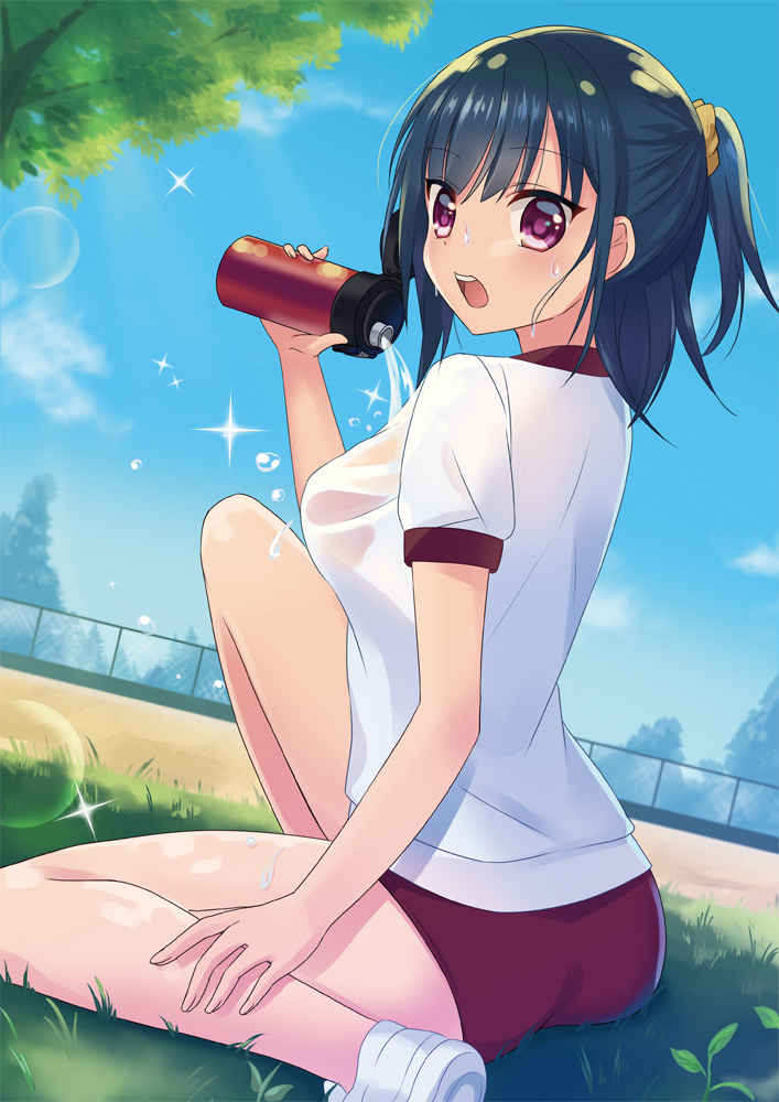 1girl ass bangs black_hair blue_sky bottle breasts buruma dutch_angle eyebrows_visible_through_hair grass gym_uniform hair_ornament hair_scrunchie holding holding_bottle kawachi_306 light_rays looking_at_viewer looking_back medium_breasts moe2017 open_mouth original outdoors ponytail pouring scrunchie see-through shirt shoes short_sleeves sitting sky sneakers solo sparkle sunlight sweat teeth thighs tree violet_eyes water_bottle white_shirt