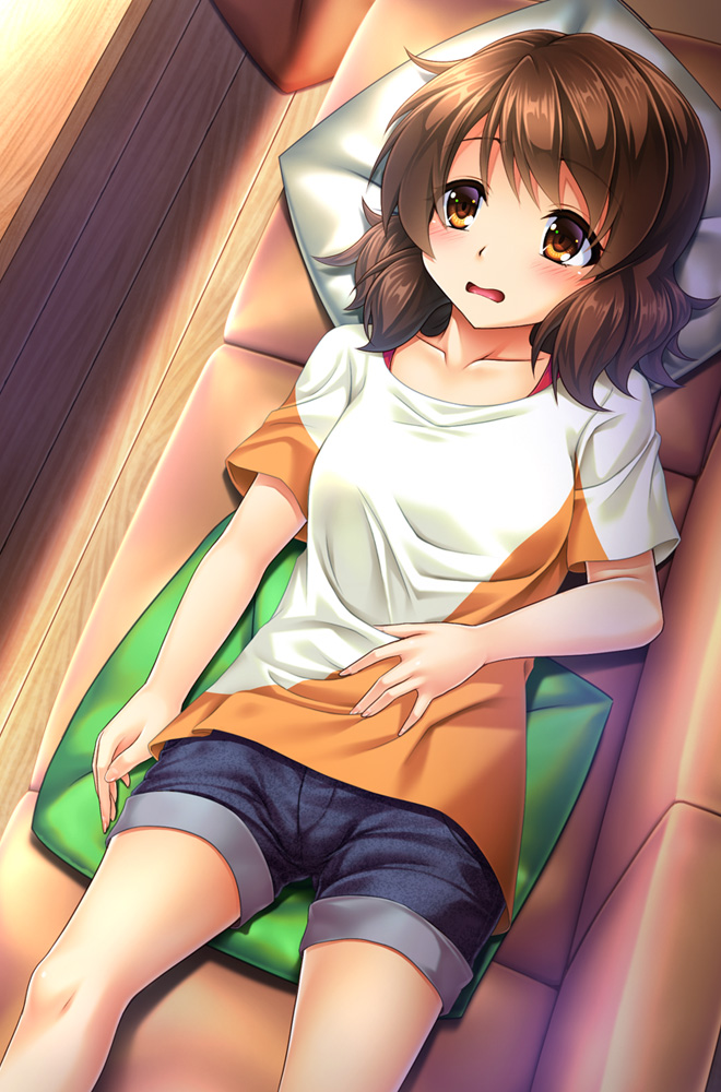1girl brown_eyes brown_hair casual couch denim denim_shorts floor from_above hand_on_own_stomach hibike!_euphonium lying noshimasa open_mouth oumae_kumiko pillow shirt short_hair shorts solo t-shirt table wavy_mouth