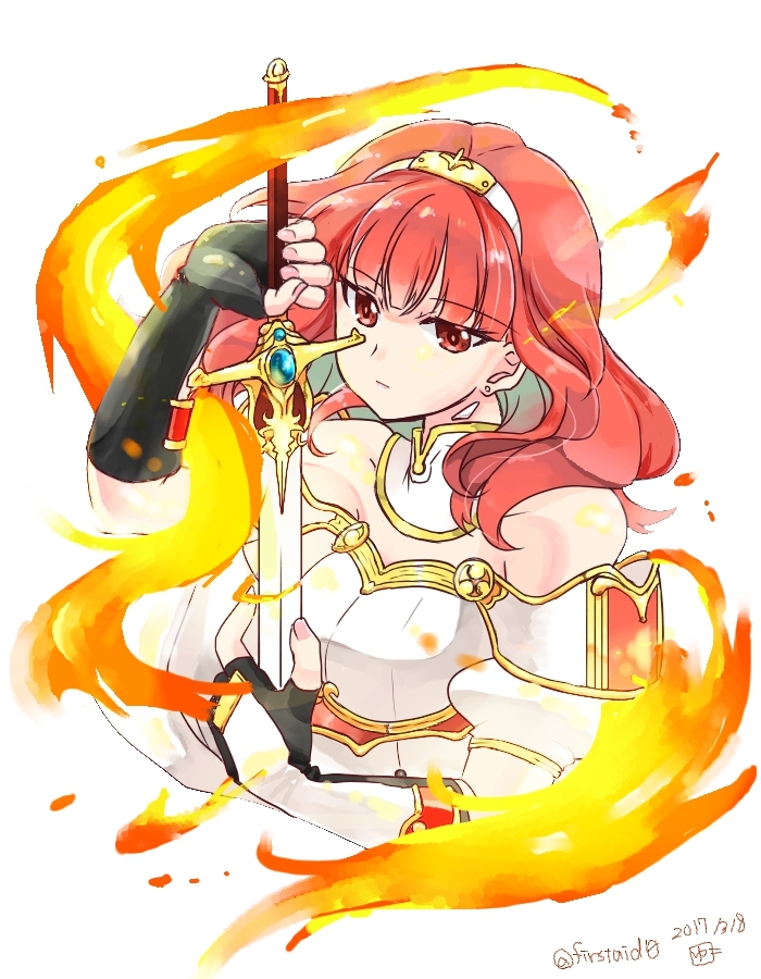 1girl 2017 bare_shoulders black_gloves celica_(fire_emblem) dress fingerless_gloves fire fire_emblem fire_emblem_echoes:_mou_hitori_no_eiyuuou gloves long_hair red_eyes redhead serious solo strapless strapless_dress sword tiara twitter_username upper_body weapon yukia_(firstaid0)