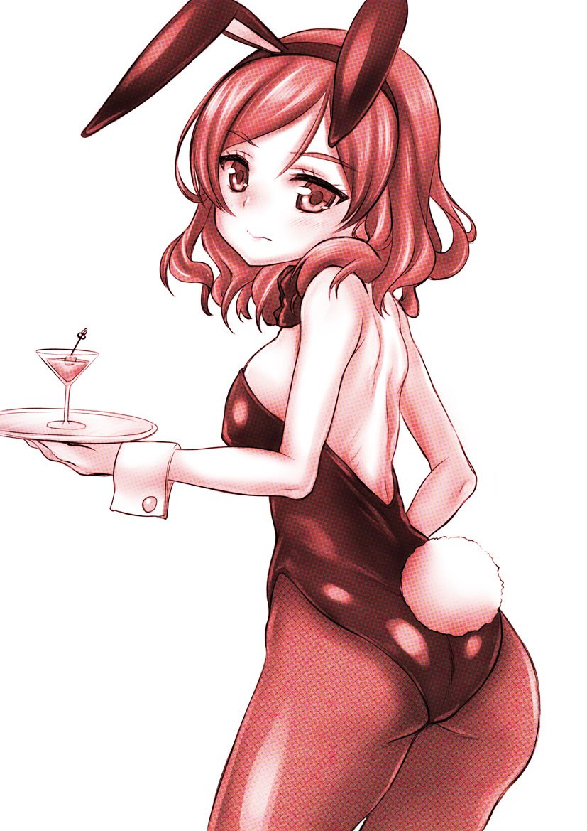 1girl animal_ears ass bangs bow bunny_tail bunnysuit closed_mouth cowboy_shot cup detached_collar drinking_glass embarrassed fake_animal_ears fake_tail from_behind holding leotard looking_at_viewer looking_back love_live! love_live!_school_idol_project monochrome nishikino_maki pantyhose rabbit_ears shiromitsu_suzaku short_hair solo standing strapless strapless_leotard tail tray wine_glass