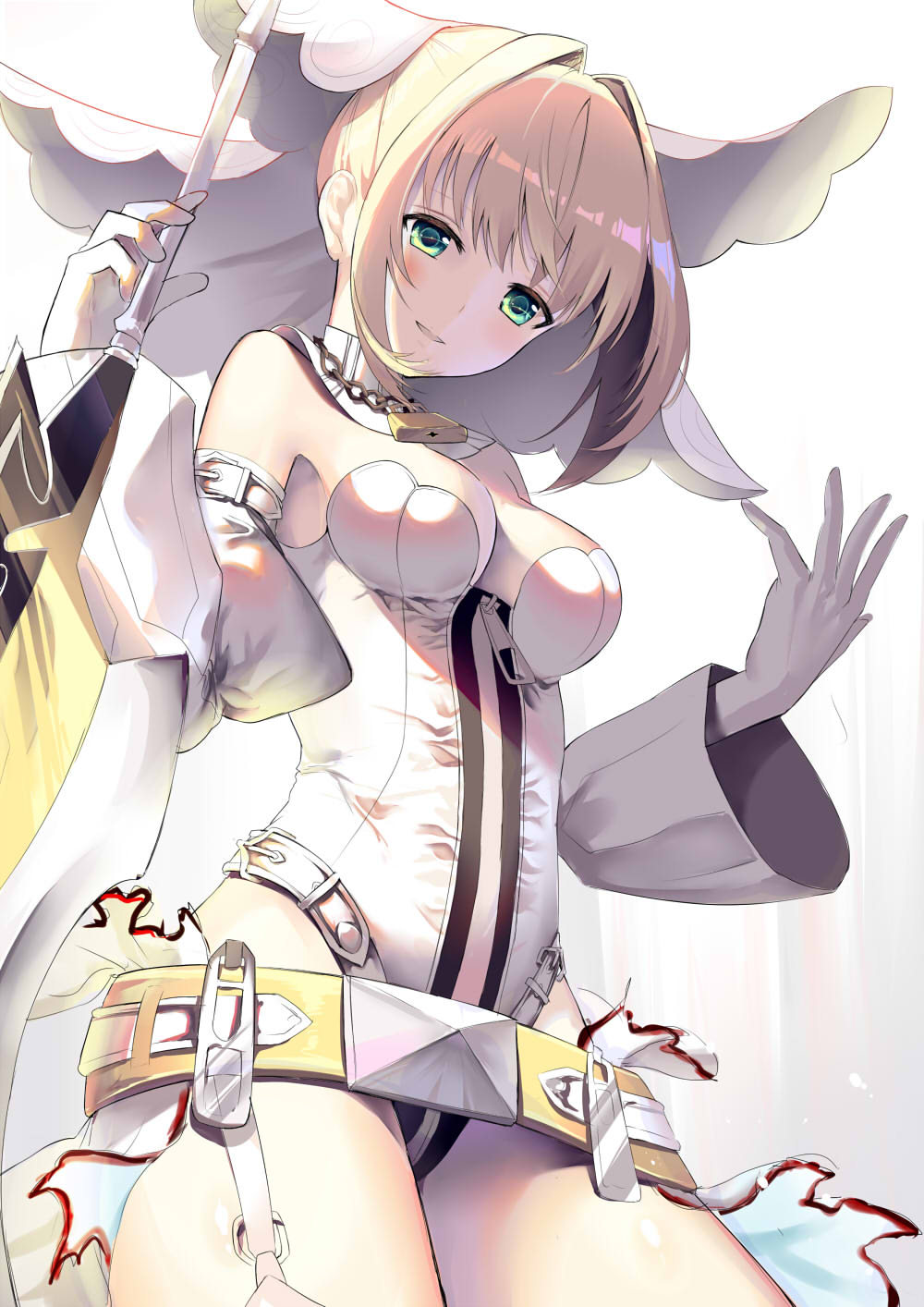 1girl aestus_estus bangs beltskirt blonde_hair blush breasts bridal_veil chains cowboy_shot detached_collar detached_sleeves fate/extra fate/extra_ccc fate_(series) from_below garter_straps green_eyes hair_intakes hand_up highres holding holding_sword holding_weapon leotard lock looking_at_viewer looking_down medium_breasts okotoburi padlock parted_lips saber_bride saber_extra short_hair_with_long_locks smile solo strapless strapless_leotard sword thigh-highs thighs veil weapon white_legwear white_leotard zipper