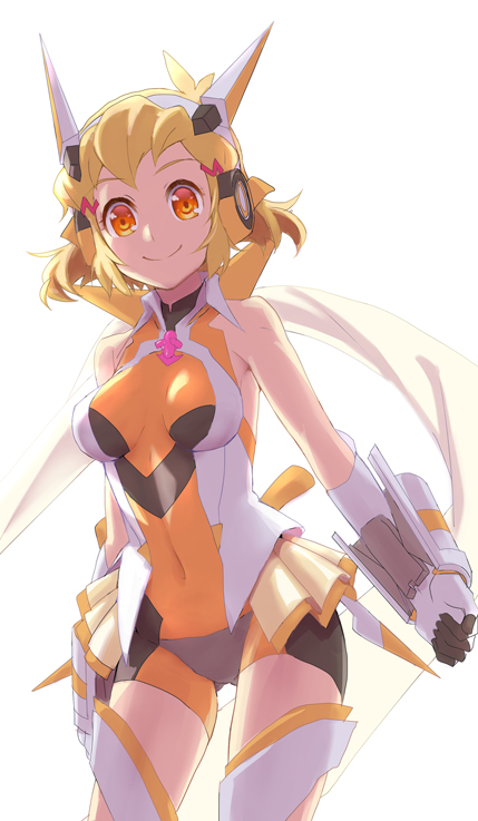 1girl breasts brown_hair cleavage covered_navel headgear orange_eyes sabu see-through senki_zesshou_symphogear short_hair simple_background smile solo tachibana_hibiki_(symphogear) white_background