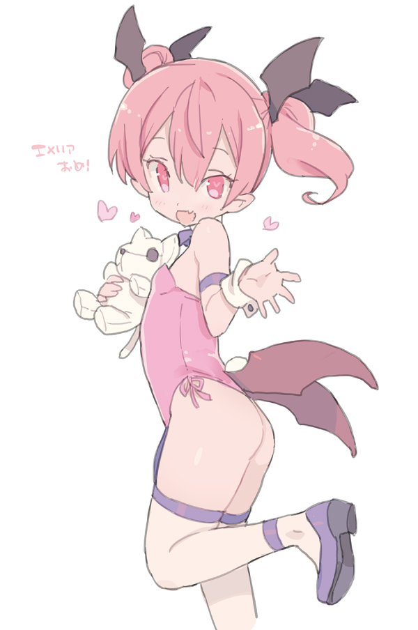 1girl ass bare_shoulders blade_(galaxist) blush bow bowtie demon_girl detached_collar emelia_pris fang leotard long_hair official_art open_mouth pink_eyes pink_hair pointy_ears pop-up_story smile solo stuffed_animal stuffed_cat stuffed_toy succubus twintails wings wrist_cuffs