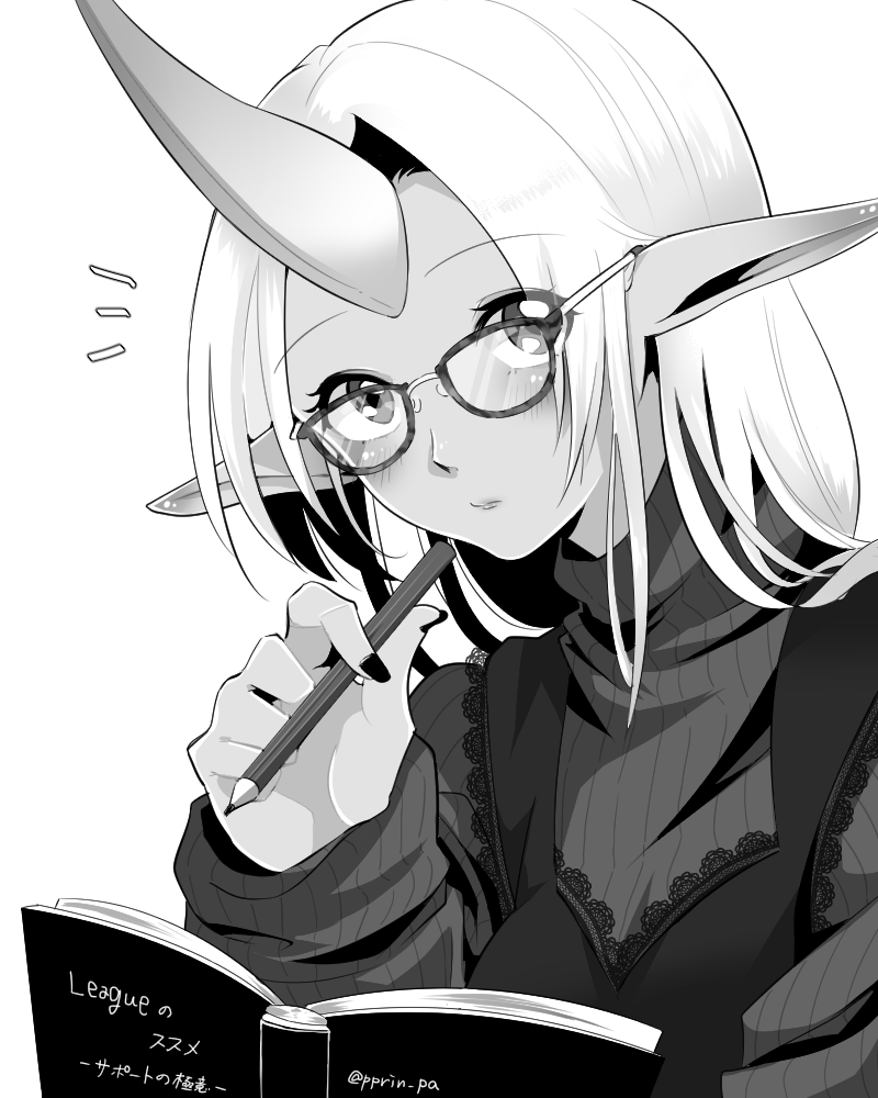 1girl black_nails book glasses greyscale horn league_of_legends looking_at_viewer monochrome nail_polish otani_(kota12ro08) pencil pointy_ears ribbed_sweater soraka sweater twitter_username upper_body white_hair