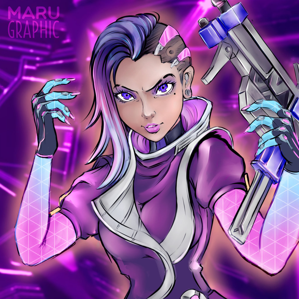 1girl blue_eyes dress gun maru_(marugraphic) overwatch purple purple_dress sombra_(overwatch) weapon