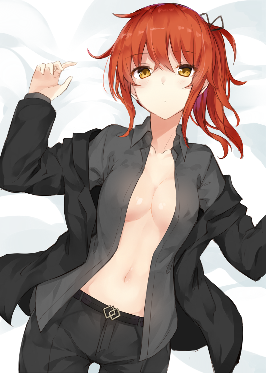 1girl bangs bed_sheet belt black_pants black_ribbon blush breasts cleavage closed_mouth collarbone dutch_angle eyebrows_visible_through_hair fate/grand_order fate_(series) fujimaru_ritsuka_(female) hair_between_eyes hair_ribbon hands_up highres jacket looking_at_viewer lying medium_breasts navel note_(aoiro_clip) on_back on_bed open_clothes open_jacket orange_hair pants ribbon side_ponytail solo tomboy unbuttoned unbuttoned_shirt yellow_eyes