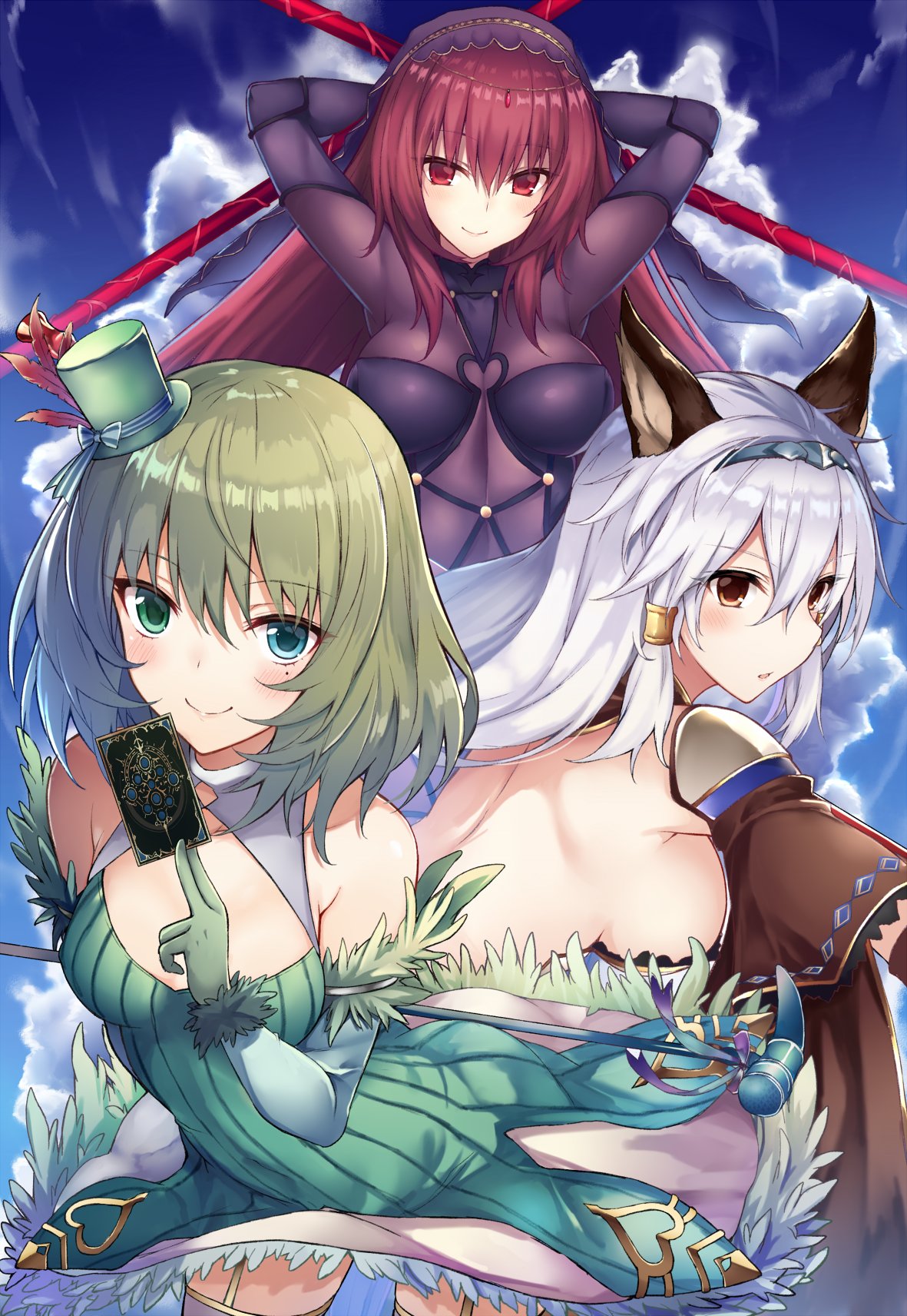 3girls animal_ears arms_behind_head bangs blue_eyes blue_hairband blush bodysuit breasts brown_eyes brown_hair card circlet closed_mouth clouds cloudy_sky commentary_request crossover detached_sleeves dress eyebrows_visible_through_hair fate/grand_order fate_(series) gae_bolg garter_straps gloves granblue_fantasy green_dress green_eyes green_gloves green_hat hair_between_eyes hair_tubes hairband halterneck hat heles heterochromia highres holding holding_card idolmaster idolmaster_cinderella_girls kurifuto large_breasts long_hair looking_at_viewer mini_hat mini_top_hat mole mole_under_eye multiple_girls parted_lips red_eyes scathach_(fate/grand_order) short_hair sideboob silver_hair sky smile standing takagaki_kaede thigh-highs top_hat veil