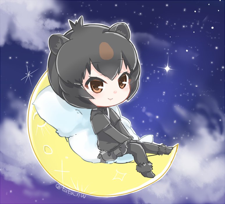 1girl animal_ears bear_ears black_boots black_footwear black_hair black_legwear black_shirt black_skirt blush boots brown_eyes brown_hair chibi clouds commentary crescent_moon eyebrows_visible_through_hair eyelashes from_side full_body fur-trimmed_boots fur_trim japanese_black_bear_(kemono_friends) kemono_friends looking_at_viewer moon multicolored_hair night outdoors outline pantyhose pillow pleated_skirt shirt short_over_long_sleeves sitting skirt sky solo star_(sky) tatu_nw tsurime twitter_username two-tone_hair white_outline