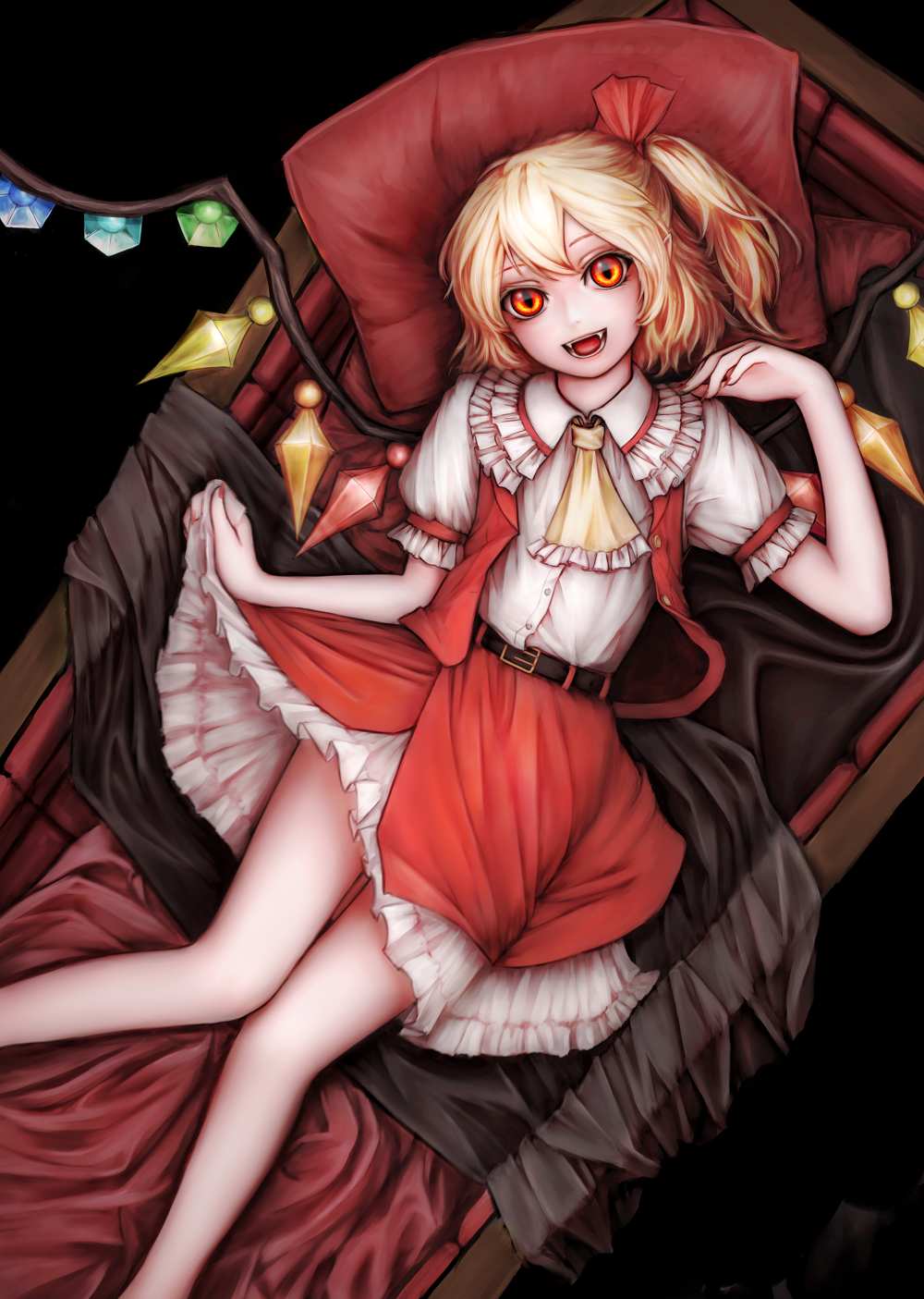 1girl ascot belt blonde_hair coffin collar fangs fingernails flandre_scarlet frilled_collar frills from_above hair_ribbon highres knees_together layered_skirt looking_at_viewer lying nail_polish nishi_masakazu no_hat no_headwear on_back open_clothes open_mouth open_vest petticoat pillow pointy_ears puffy_short_sleeves puffy_sleeves red_eyes red_nails red_skirt red_vest ribbon sharp_fingernails short_hair short_sleeves side_ponytail skirt skirt_lift slit_pupils solo touhou vampire vest wings