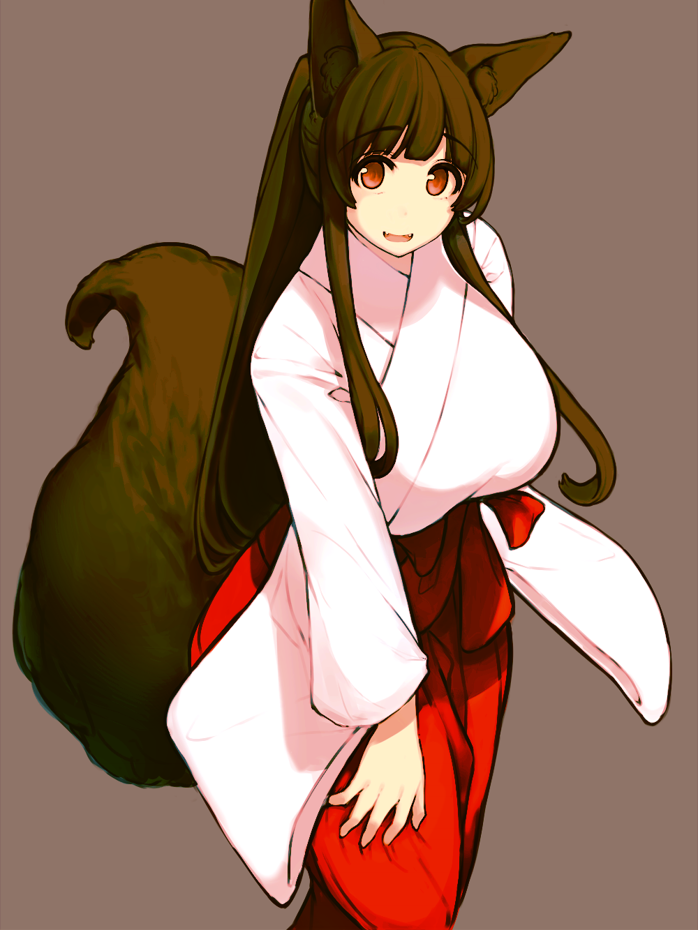 1girl breasts brown_background brown_hair fox_girl fox_tail highres huge_breasts japanese_clothes long_hair looking_at_viewer miko mogu_(kanikama_mgmg) original red_eyes simple_background smile solo tail