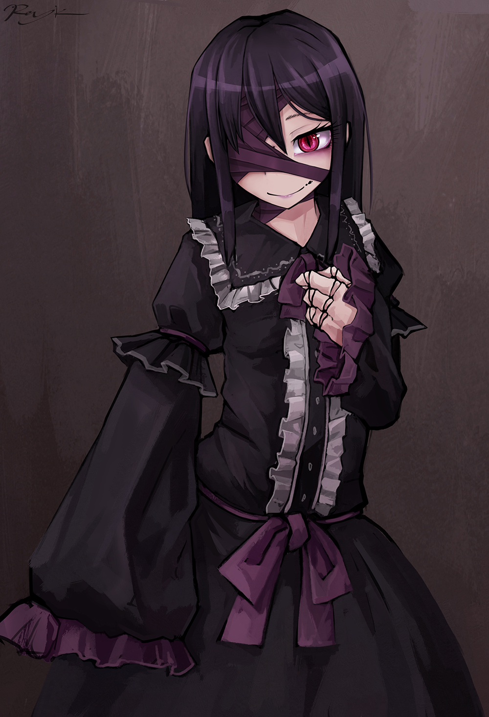 1girl ageha_(ray-k) artist_name asymmetrical_sleeves black_dress black_hair doll_joints dress eyepatch frilled_dress frills hair_between_eyes hand_on_own_chest highres long_dress long_hair looking_at_viewer neck_ribbon original ray-k red_eyes ribbon sidelocks signature sleeves_past_wrists slit_pupils smile solo wide_sleeves