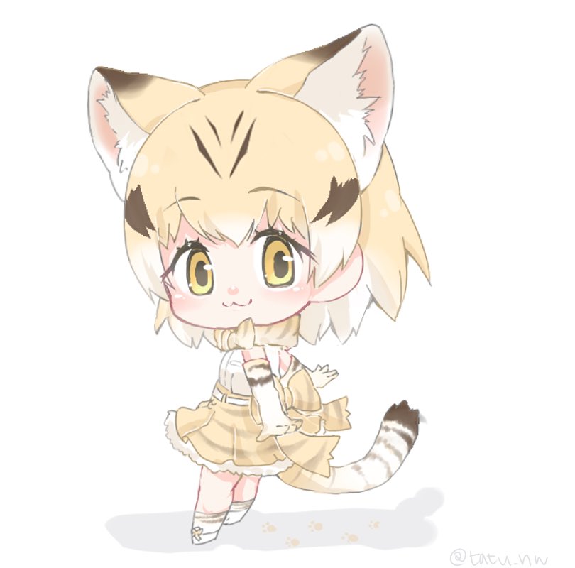 :3 animal_ears arms_at_sides bare_shoulders blonde_hair blush bow bowtie cat_ears cat_tail chibi elbow_gloves eyebrows_visible_through_hair eyelashes frilled_skirt frills from_side full_body gloves gradient_hair kemono_friends kneehighs looking_at_viewer multicolored_hair ribbon sand_cat_(kemono_friends) shadow shirt shoe_ribbon simple_background skirt sleeveless sleeveless_shirt socks standing streaked_hair striped_tail tail tareme white_background white_hair white_ribbon white_shirt yellow_eyes