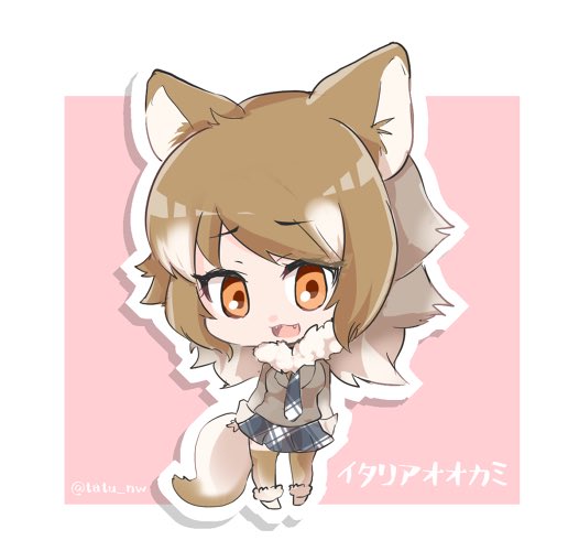 1girl :3 animal_ears boots border brown_hair brown_legwear character_name chibi collar commentary_request eyebrow_twitching eyebrows eyebrows_visible_through_hair fangs full_body fur-trimmed_boots fur_collar fur_trim gradient_hair italian_wolf_(kemono_friends) kemono_friends long_sleeves looking_at_viewer multicolored_hair necktie open_mouth orange_eyes outline outside_border pink_background plaid plaid_necktie plaid_skirt shadow short_hair skirt solo standing tail tatu_nw thigh-highs twitter_username white_border white_hair white_outline wolf_ears wolf_tail zettai_ryouiki
