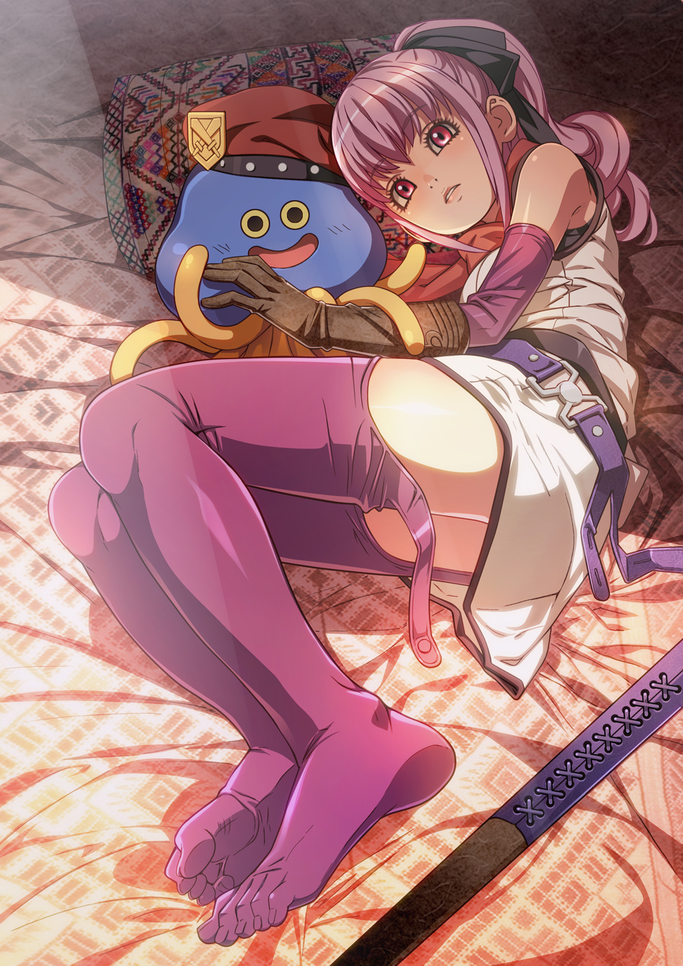 1girl belt beret dragon_quest dragon_quest_heroes dragon_quest_heroes_ii dress elbow_gloves feet feet_together gloves hat highres hoimi_slime long_hair looking_at_viewer lying monster no_shoes nyoronyoro on_bed on_side pillow pink_eyes pink_hair ponytail soles teresia thigh-highs toes