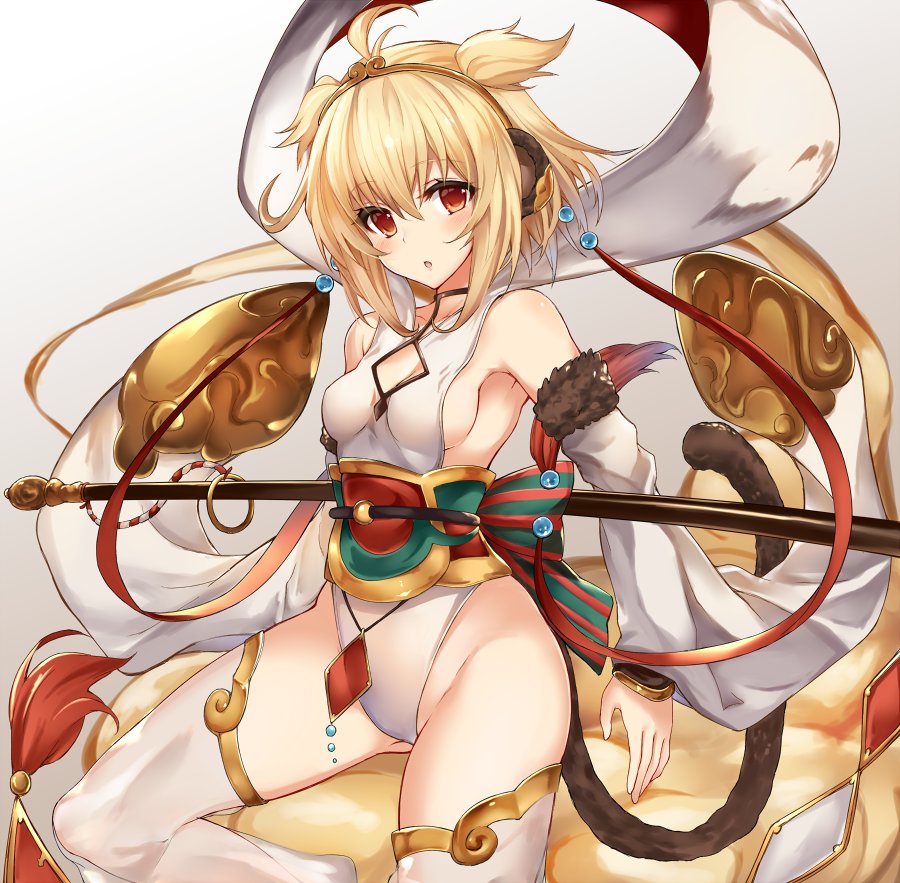 1girl anchira_(granblue_fantasy) blonde_hair boots bow breasts commentary_request cowboy_shot detached_sleeves fantasy granblue_fantasy headgear kurifuto large_bow leg_up leotard looking_at_viewer medium_breasts orange_eyes parted_lips short_hair sideboob simple_background solo standing standing_on_one_leg tail thigh-highs thigh_boots two_side_up white_background white_boots white_leotard