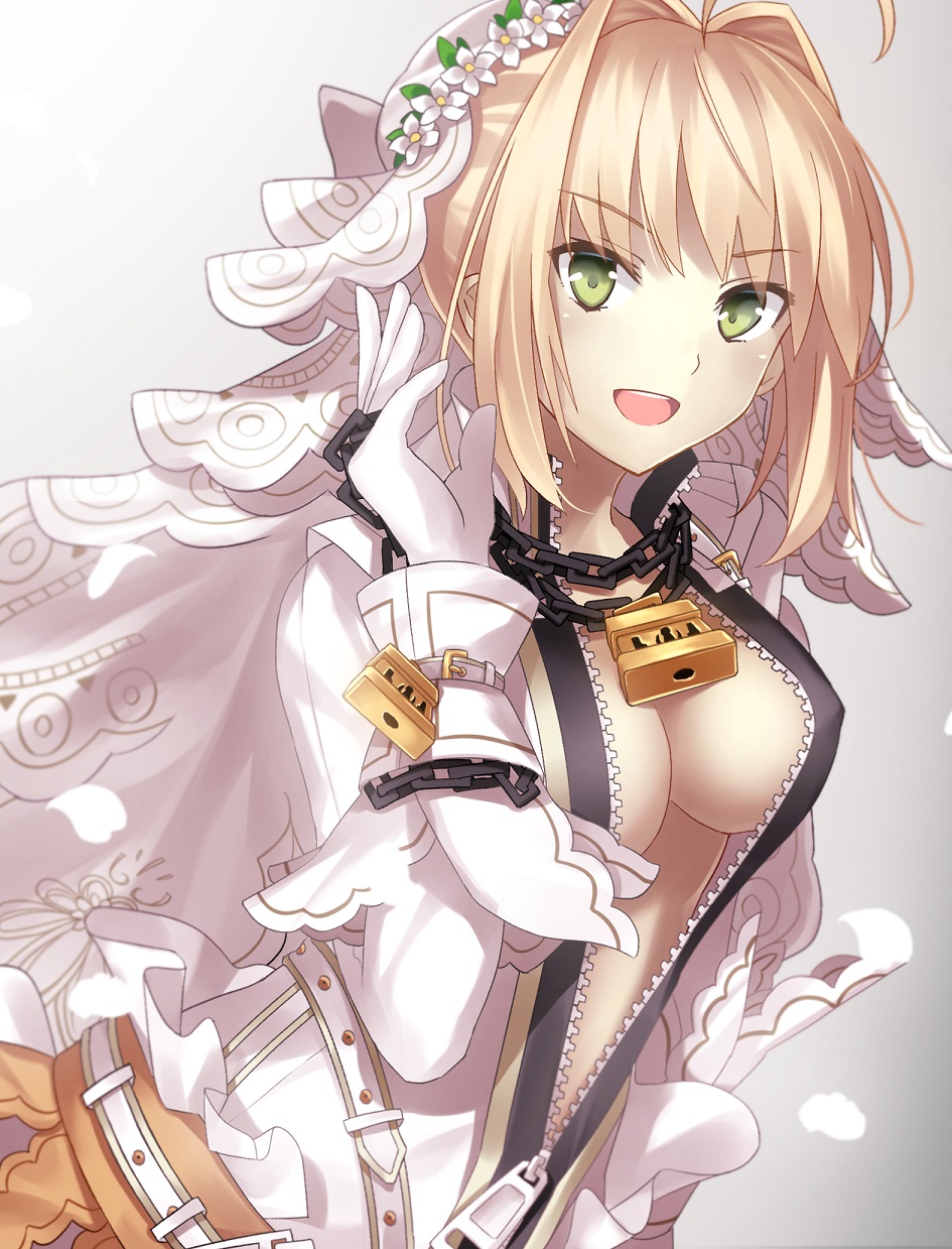 1girl :d ahoge blonde_hair bodysuit breasts center_opening chains cleavage erect_nipples eyebrows_visible_through_hair fate/extra fate/extra_ccc fate_(series) flower gloves green_eyes highres lock looking_at_viewer minamina open_mouth padlock petals saber_bride saber_extra smile solo veil white_gloves zipper