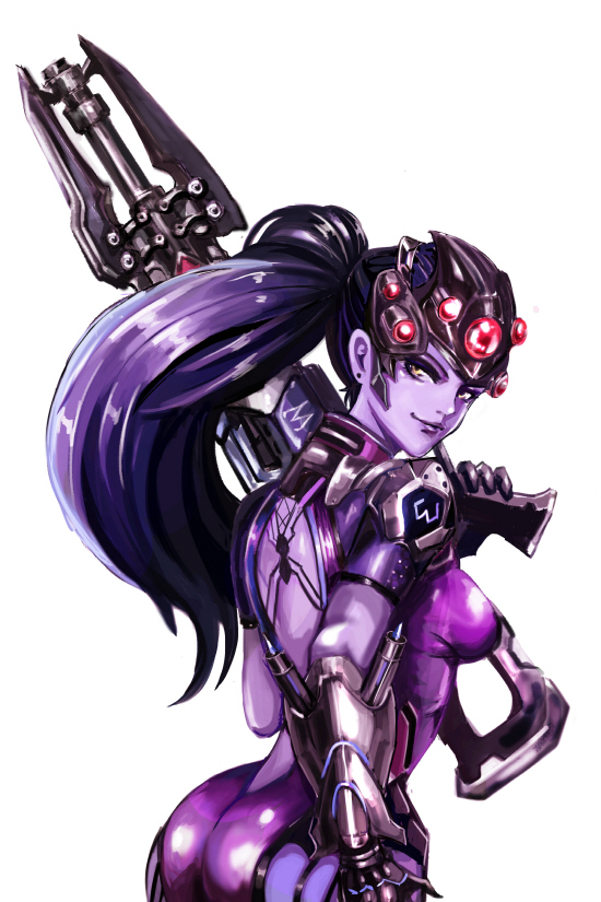 1girl arm_at_side ashsaiki ass back_tattoo bodysuit breasts cowboy_shot earrings emblem from_behind gloves gun head_mounted_display holding holding_gun holding_weapon jewelry long_hair looking_at_viewer looking_back medium_breasts overwatch patch pink_bodysuit ponytail purple_hair purple_skin rifle short_sleeves simple_background smile solo spider_tattoo stud_earrings tattoo visor weapon white_background widowmaker_(overwatch) yellow_eyes