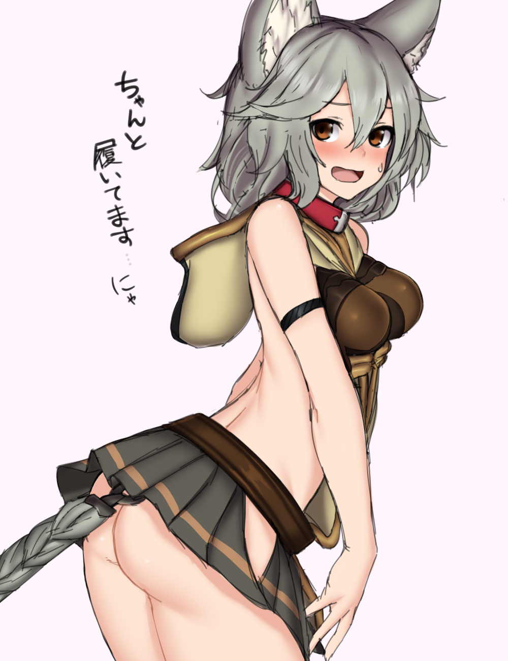 1girl :d animal_ears ass back blush breasts brown_eyes cat_ears cat_tail granblue_fantasy grey_hair hakuduki18 highres midriff open_mouth pleated_skirt sen_(granblue_fantasy) short_hair simple_background skirt smile solo sweatdrop tail white_background